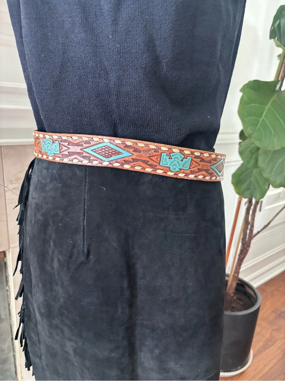 Vintage Genuine Leather Southwestern Tooled Belt Turquoise Hand Laced